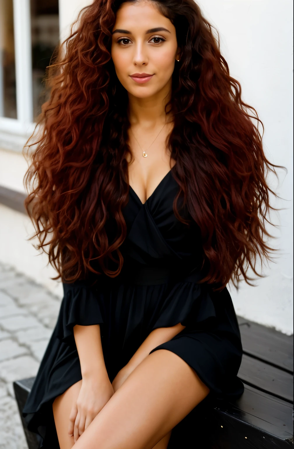 A beautiful 29 year old spanish woman, long hairs, red and black curly hair,