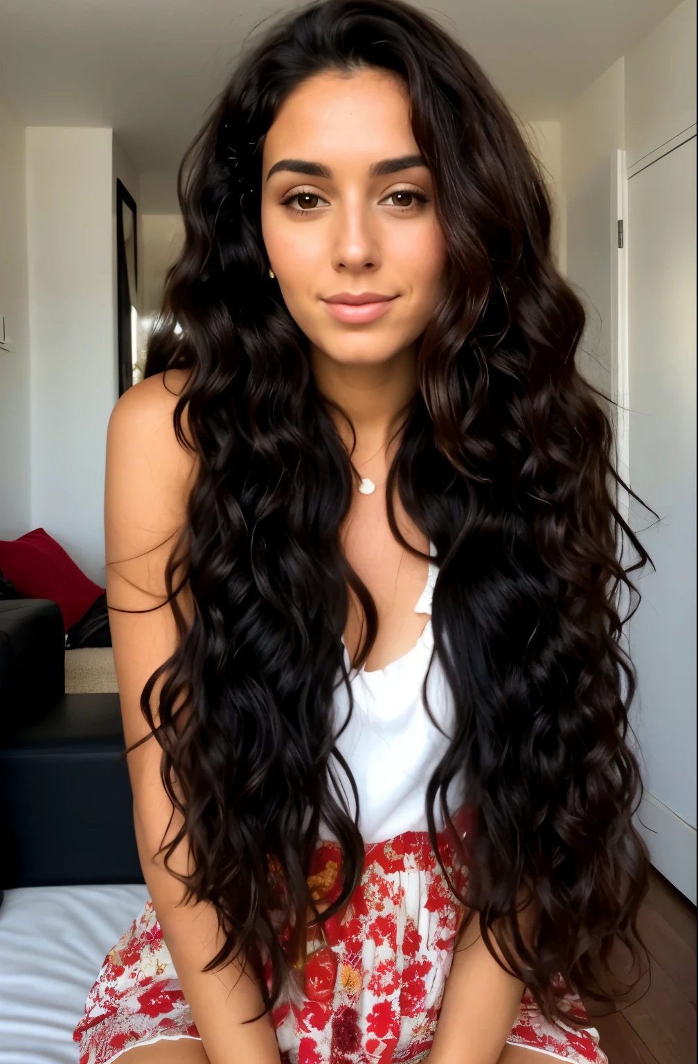 A beautiful 29 year old spanish woman, long hairs, red and black curly hair,