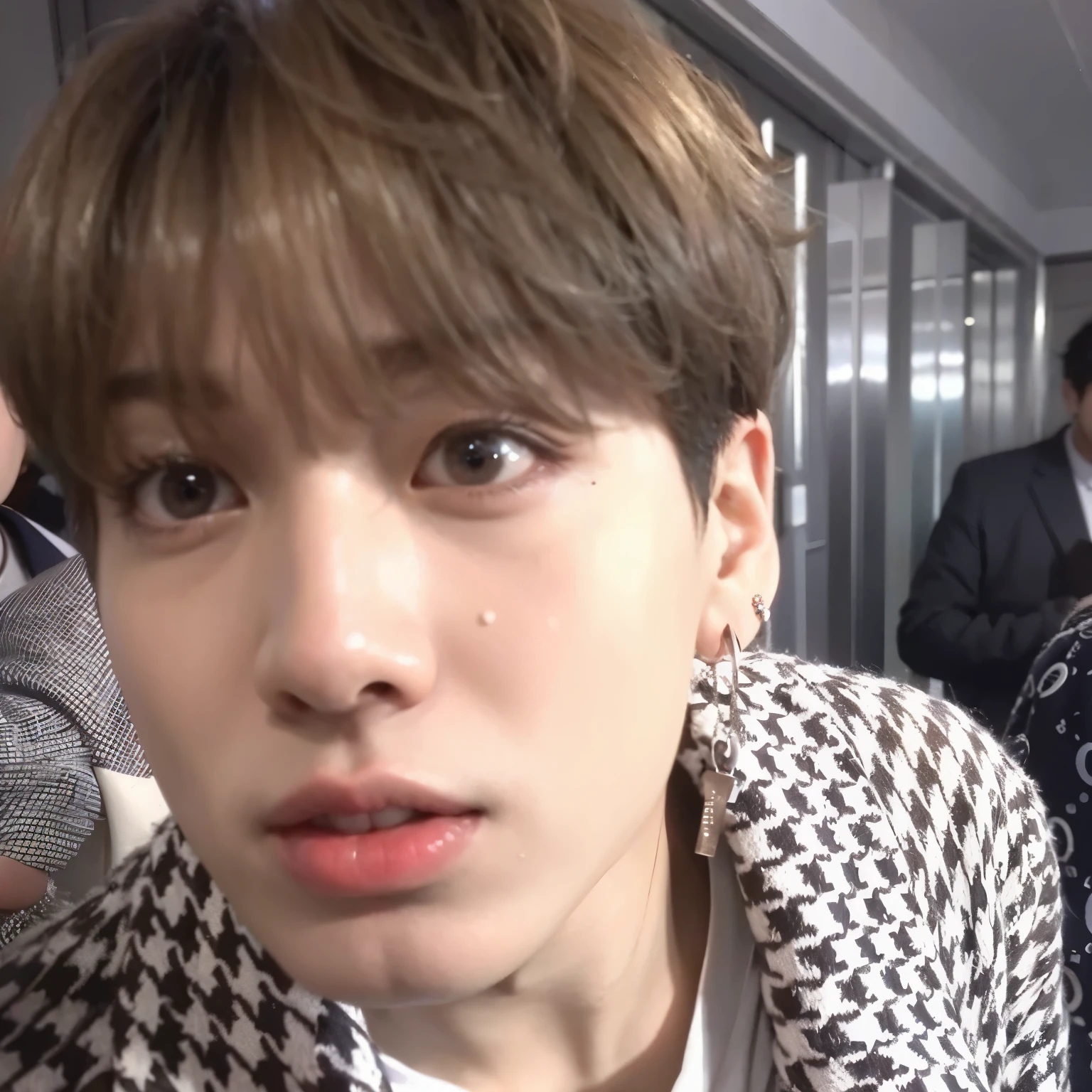 arafed man with a black and white jacket and a white shirt, jungkook, jimin\'s right eyelid swollen, jimin\'s plump lips, cai xukun, jimin, accurate jimin face, giga chad crying, wan adorable korean face, wry smirk, jimin\'s grecian nose, he is wearing a brown sweater