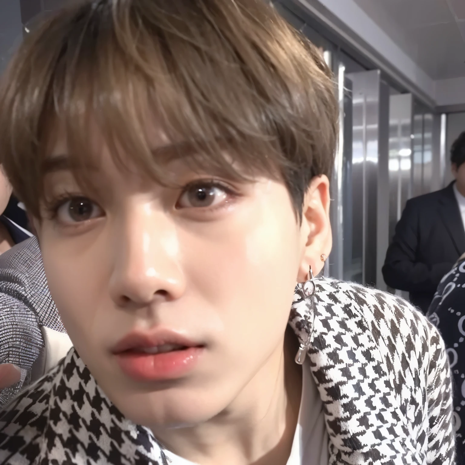 arafed man with a black and white jacket and a white shirt, jungkook, jimin\'s right eyelid swollen, jimin\'s plump lips, cai xukun, jimin, accurate jimin face, giga chad crying, wan adorable korean face, wry smirk, jimin\'s grecian nose, he is wearing a brown sweater