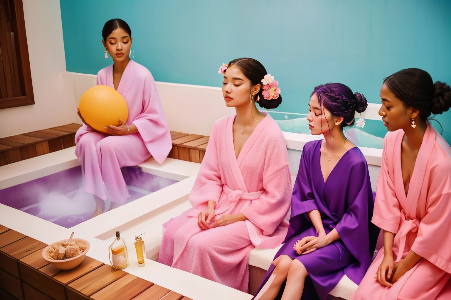 At an otherworldly Wes Anderson spa, guests with unique hairstyles and colorful robes partake in a rejuvenating ritual that promises to transport them to a dreamlike realm of relaxation.