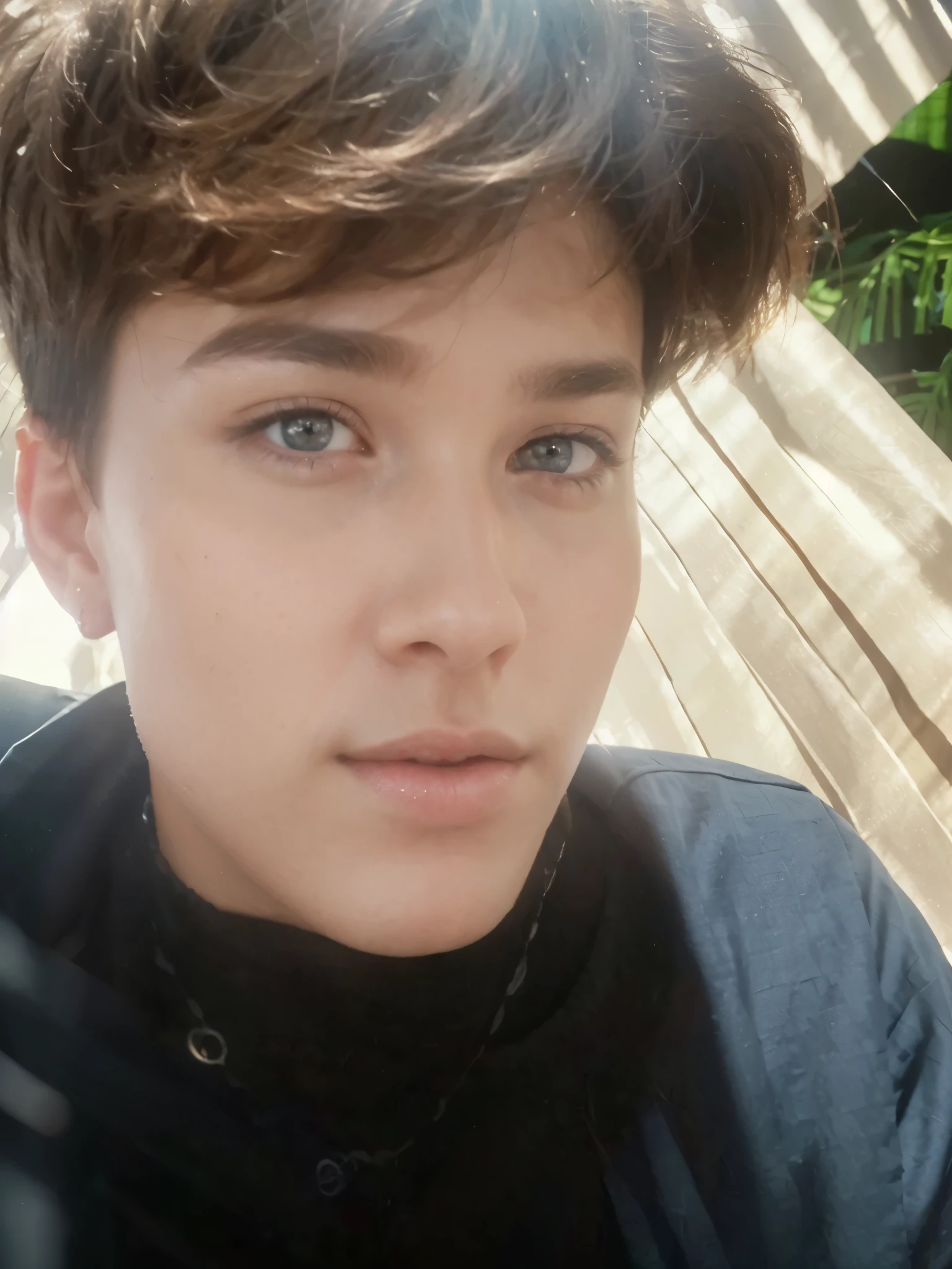 best quality, masterpiece,boy, hair cut, necklace, Beautiful face, upon body, tyndall effect, photo realistic, dark studio, rim lighting, two tone lighting, (high detailed skin:1.2), 8k uhd, dslr, soft lighting, high quality, volumetric lighting, Photograph, high resolution, 4k, 8k,medium breasts, open fingers,