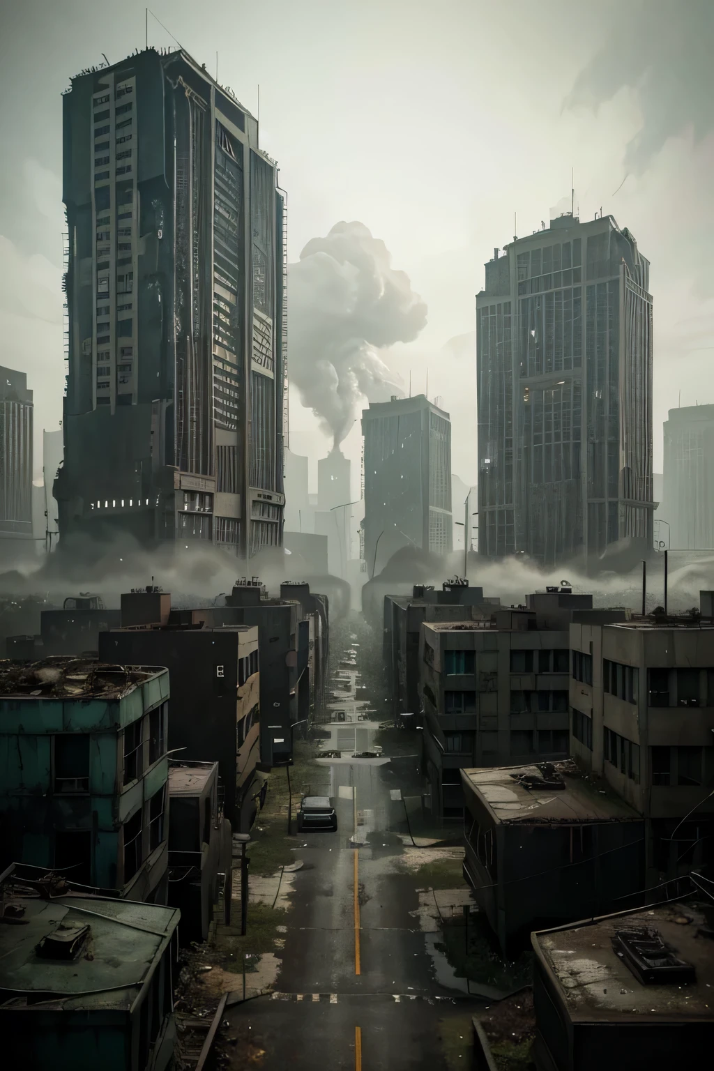 post apocalyptic overgrown city, in the style of Simon Stalenhag, 4k, high definition, haunting atmosphere, no people, ominous mood