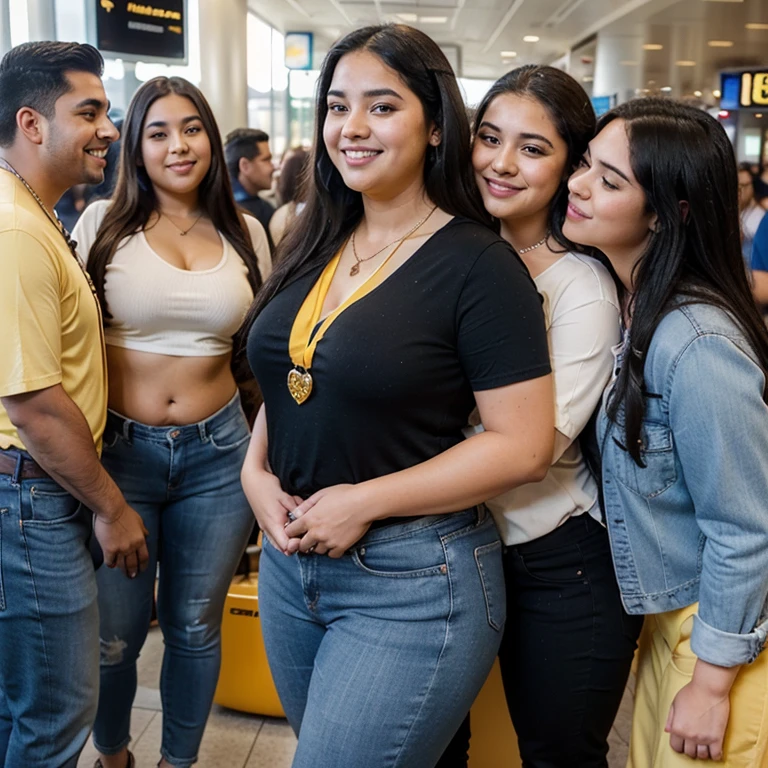 Chubby fat bbw nerdy latina young woman (20 years old), chubby belly, long straight black hair, wearing black shirt and blue jeans, Golden necklace,man hugging from behind, romantic kissing, passion Kiss,with several tall men, 4 men, in airport