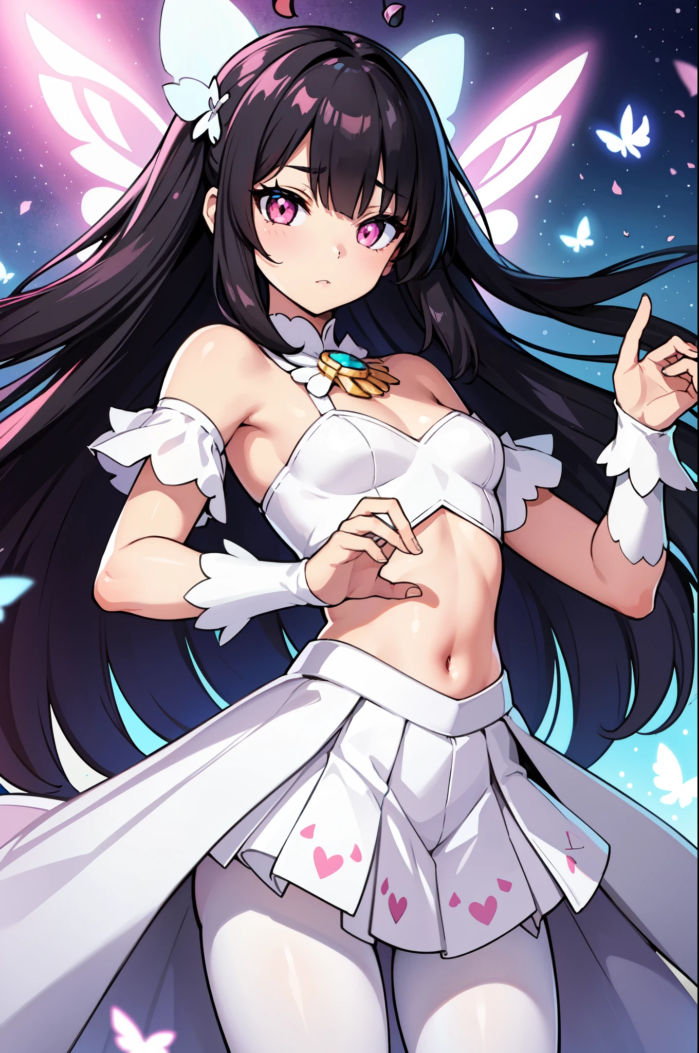 1girl, (white butterfly ears:1.1), (black hair), (long wild hair), ((pink eyes)), ((faint pupil)), ((hime cut)), (white butterfly), (dynamic pose), (colorful white idol costume), (white butterfly aesthetic), (mini skirt), (white pantyhose), (white butterfly wings:1.3), (dynamic angle), more_details:-1, more_details:0, more_details:0.5, more_details:1, more_details:1.5, glowify, more prism, vibrant color, jewelry background, floating gems, floating glass pieces