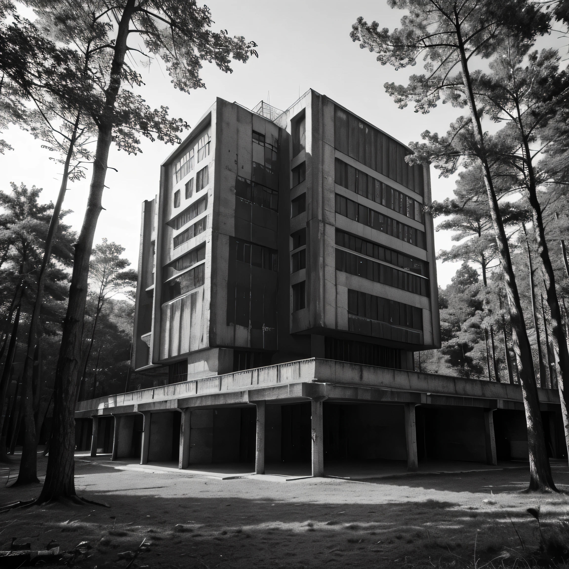 old printed historical illustration of a high tech brutalism building in a forest, black and white, scratched bad quality