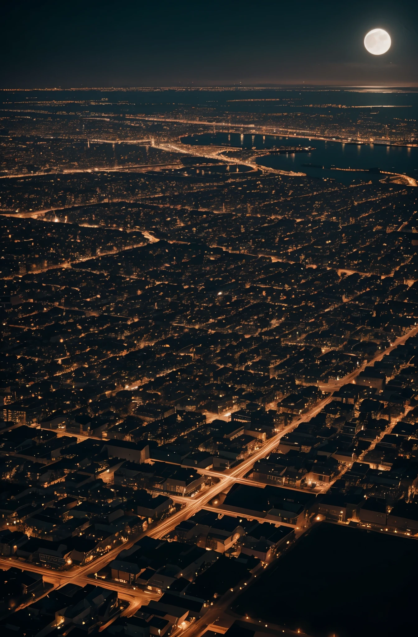 It's a clear moonlit night. The moon is shining brightly. The sky is completely black. A bird's eye view of a completely deserted city. The streets and houses are clearly visible. A city of low houses. There are streetlights, trees. Absolutely no people or cars. The city stretches to the horizon. You can't see the outskirts anywhere. Bluigh and some orange tones.