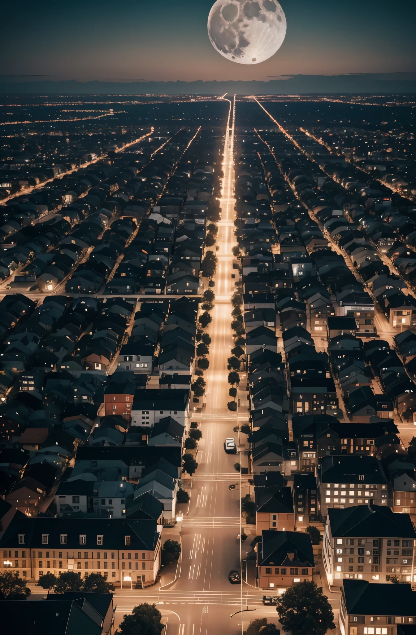 It's a clear moonlit night. The moon is shining brightly. The sky is completely black. A bird's eye view of a completely deserted city. The streets and houses are clearly visible. A city of low houses. There are streetlights, trees. Absolutely no people or cars. The city stretches to the horizon. You can't see the outskirts anywhere. Bluigh and some orange tones.