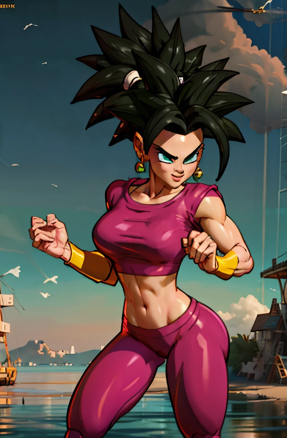 (melhor qualidade, obra-prima), cabelo verde, brincos verdes, yoga pants, yoga bra, pele apertada, tonificado, smug, sorriso, kefla, cintura fina, luz de fundo, rosto detalhado, queixo detalhado, perfect hands, radiante, unreal engine, 4k