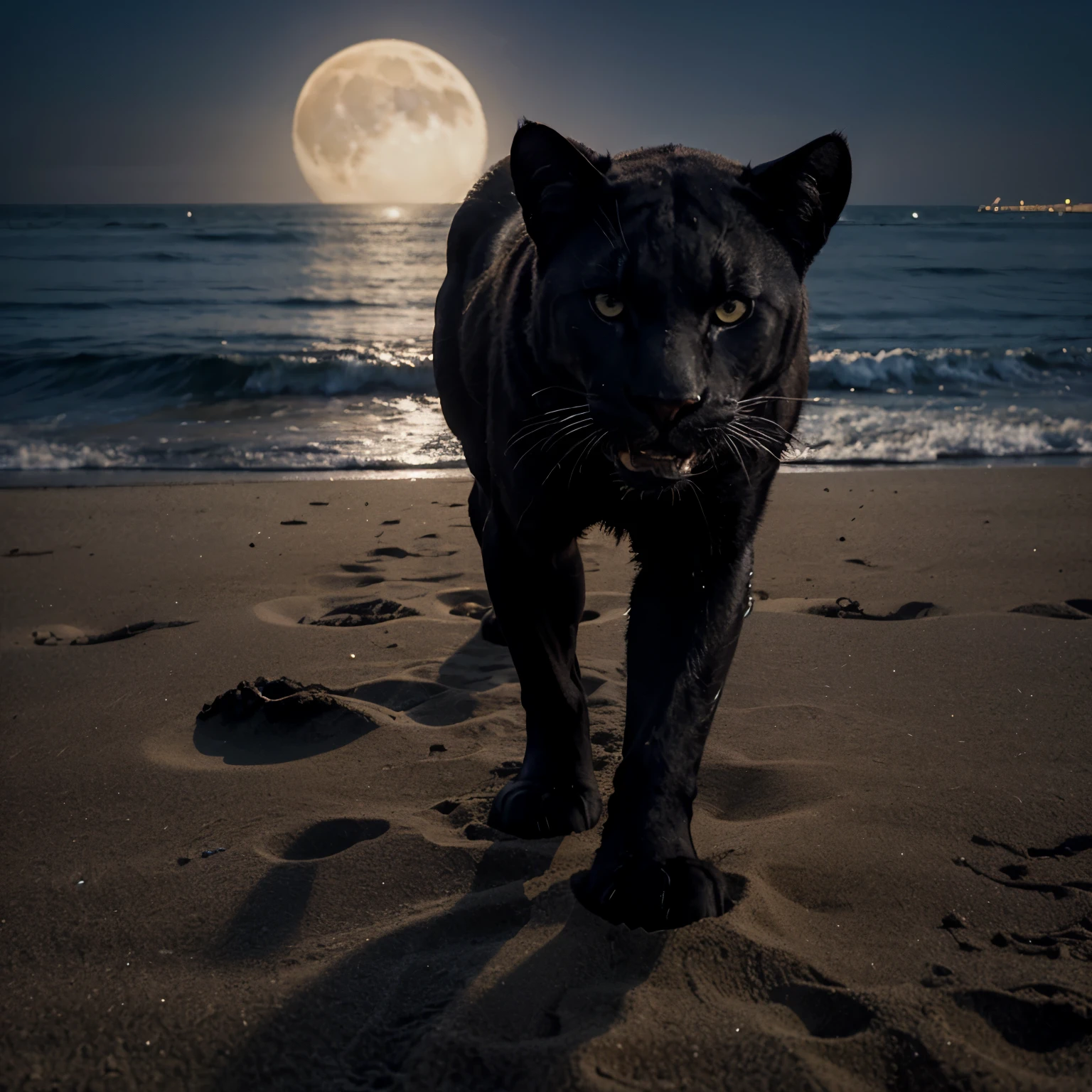 Create a drawing of a realistic black panther walking on the beach sand at night with the moon appearing behind it 