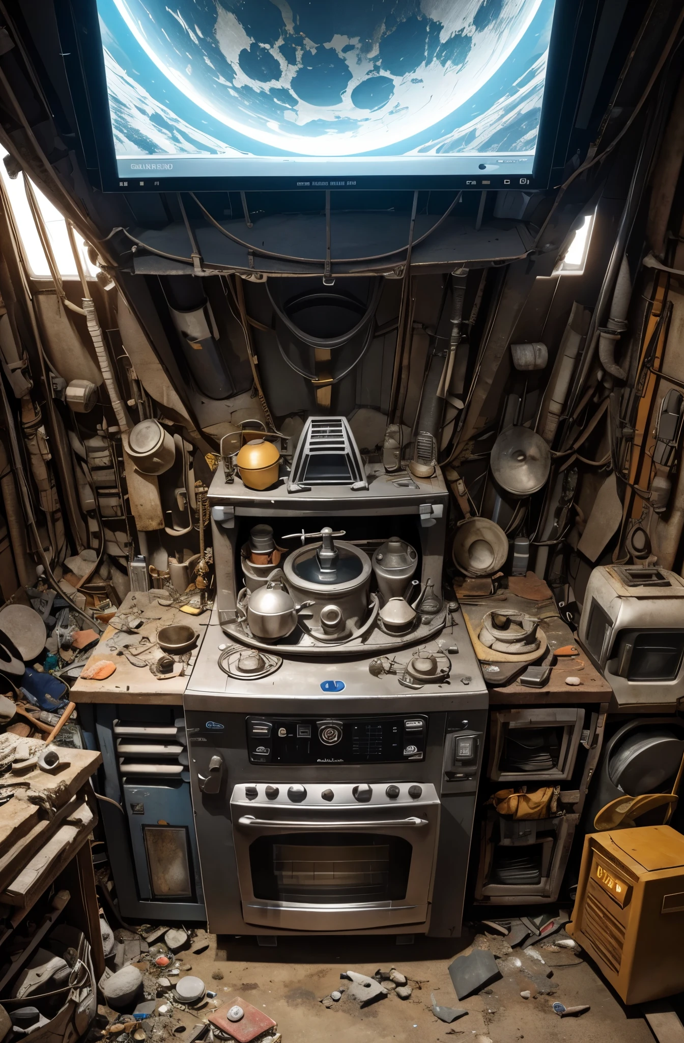 A detailed set of equipment for controlling a starship, assembled from trash and ruined appliances