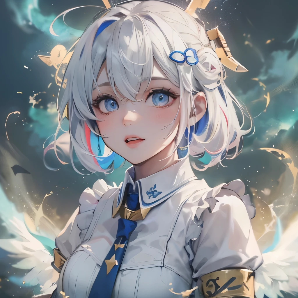 (masterpiece), 8k cg, stunningly beautiful girl, intricate details, chromatic aberration, ((bust shot)), ((looking at viewer)), 1girl, AMANE KANATA, (short hair, (white hair), streaked hair, angel, star hair ornament, collared shirt, blue tie, ta dress, white magic, clouds), Blue Eyes, extremely beautiful and delicate portrait, confident smile, halo, white smoke, gold lightning, magic sfx, absurdres, cinematic lighting, dynamic lighting, fantasy, ((dark background, fog))