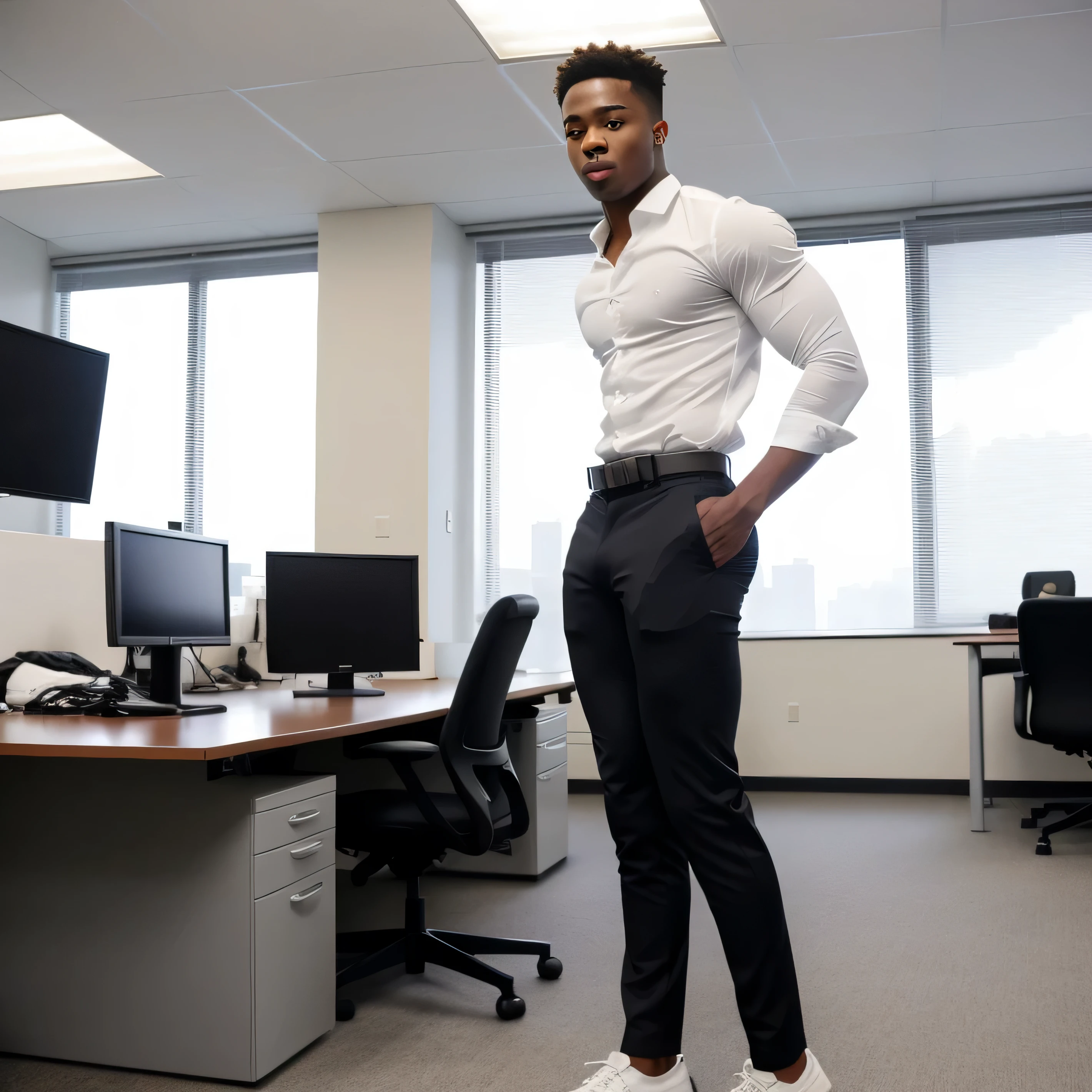 handsome black college twink, alone in office, 19 years old, white dress shirt and tight grey pants that show huge muscle booty, skinny with huge bubble butt, cheeked up, black belt