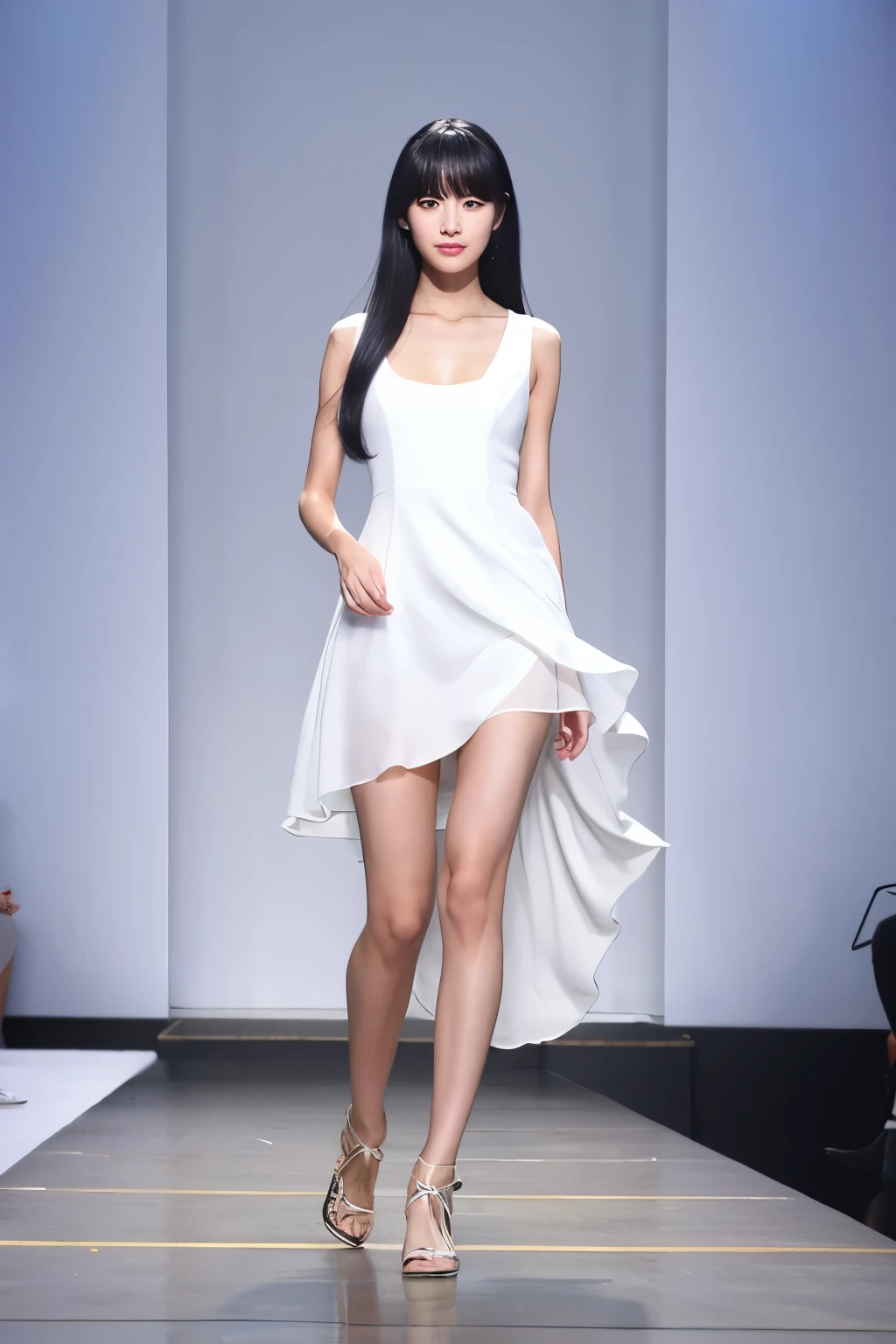 South Korean woman, very beautiful, perfect face, long black hair with bangs and ponytail, she is a model and is parading on a catwalk in a long white dress, perfect full body. She's being photographed
