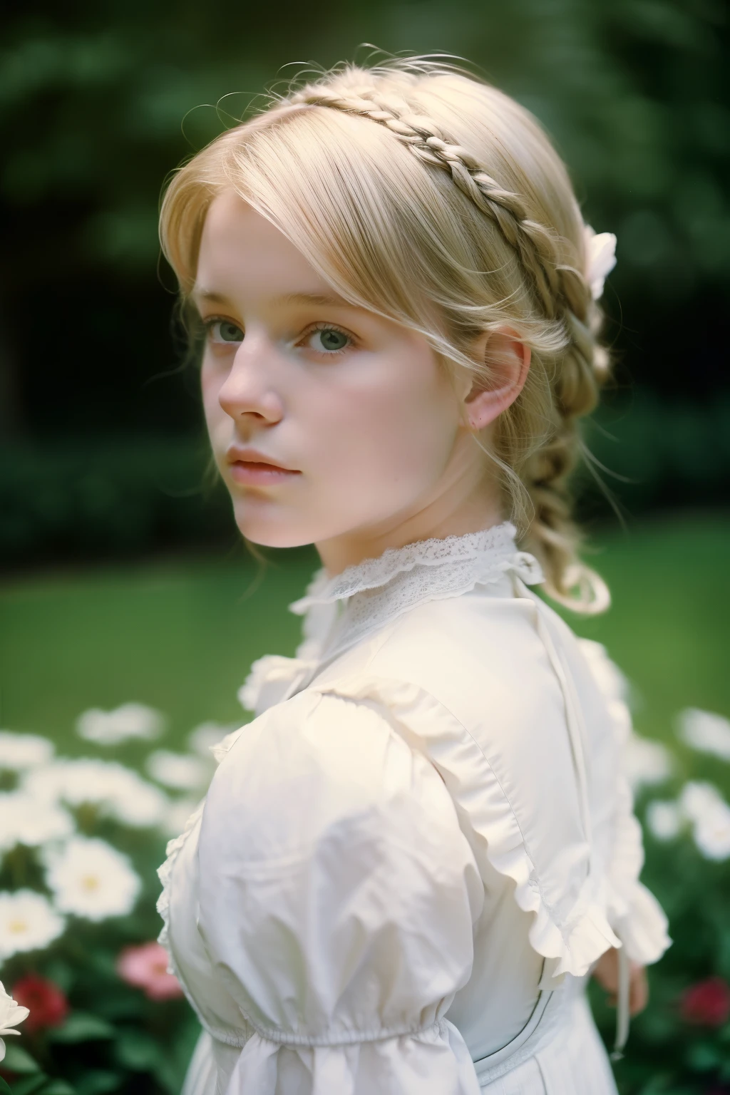 London, 1895. A ((((15-year-old)) Felicity Worthington)), cold and intelligent look, in the gardens of a boarding school for ladies. ((((white from the 19th century)))), ((blonde hairstyle from the 1890s))