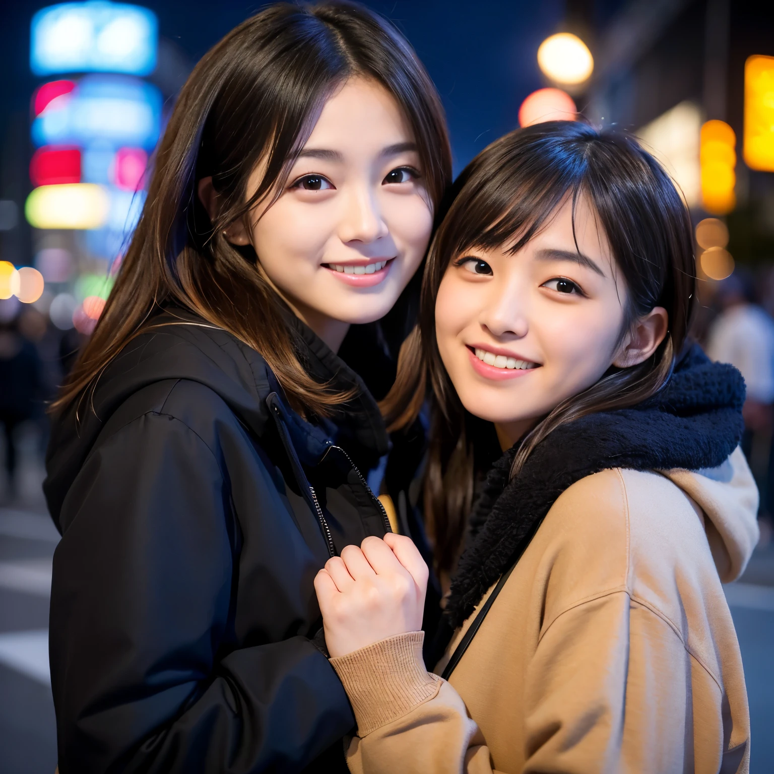 Best-quality, Masterpiece, Ultra-High-Resolution, (Photorealistic:1.4), Raw-Photo, (A lesbian couple, 18-years-old girl and 25-years-old woman), Late at night, In the middle of winter, At Hiroshima's entertainment distric, (The 18-year-old girl, the most famous Japanese idol, (wearing down jacket and hoodie), (extremely beautiful black-short-cut-haired), extremely cute face like the most popular Japanese idol, ((extremely beautiful big-black-eyes))), 
(The 25-year-old woman, the most famous Japanese actress, (wearing expensive-coat and business suit), (extremely beautiful brown-long-haired), extremely beautiful face like the most popular Japanese actress, ((extremely beautiful big-solid-circle-eyes))), 

Both wearing matching scarves, ((both completely-drunk)),  both walking staggered, looking at viewer, laughing-out-loud