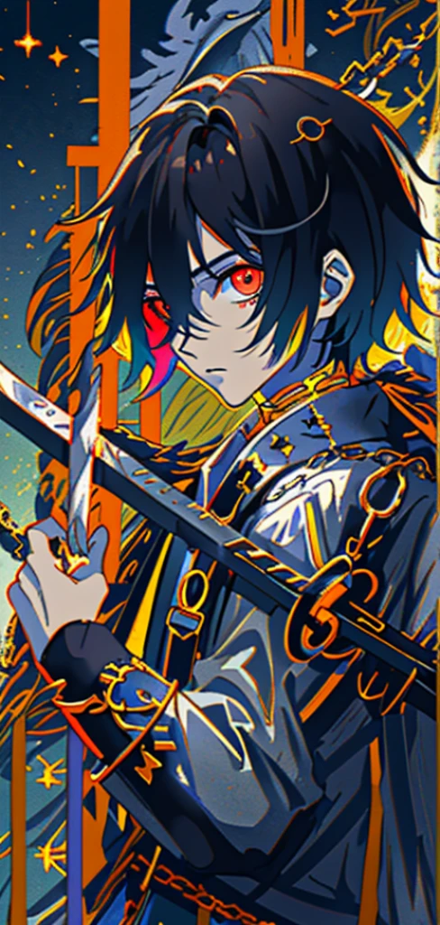 masterpiece, best quality, 1 young boy, (rich and colorful),(And its delicate and beautiful eyes and delicate face), Half-length photo, Extremely detailed CG unified 8k wallpaper, Short black hair,red eyes, alone,expressionless,simple clothes, holding sword, chain, ruins, architecture, moon, night, Light, fantasy, magic style