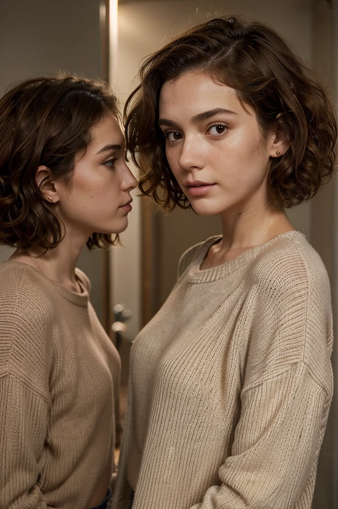 (Realistic:1.2), analog photo, woman with ,21 year old gril ,wearing a pink wool jumper ,entire body , pic from the side , cinematic lights, Cute , (brown hair) (short curly hair, wild hair, stylish cut) thin face, thin nose, beautiful, very beautiful, perfect face, slender body (slender), (brown hair) (gren eyes ) (white skin)