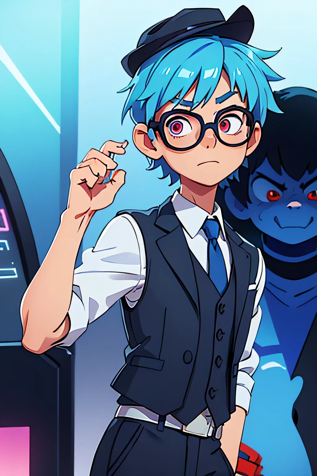 A cartoon-style boy with messy blue hair, cara de gato, terno azul com colete preto, modern holographic alien hat, white round glasses and red eyes