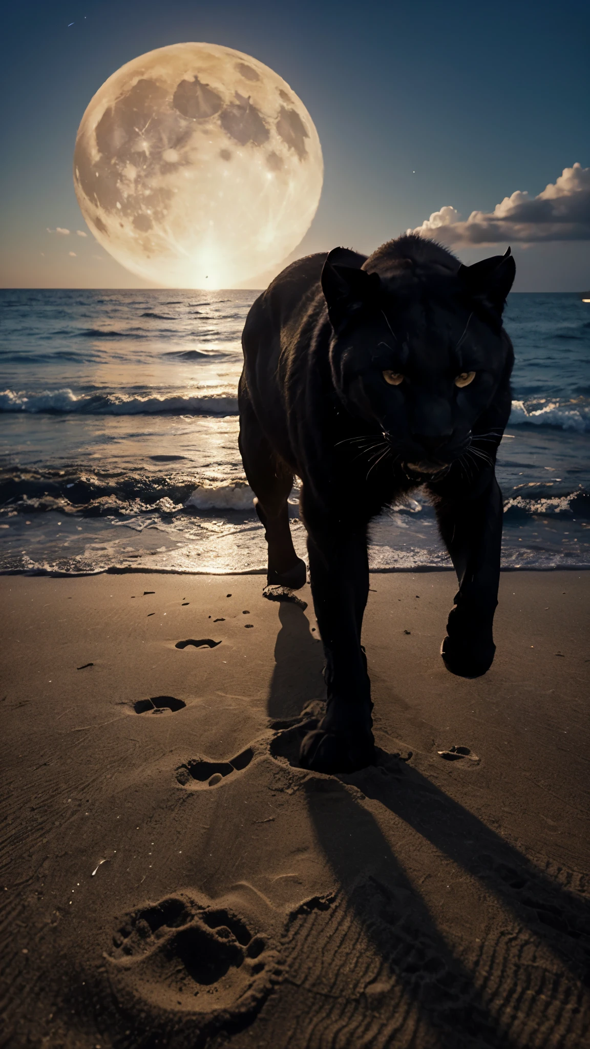 Create a drawing of a realistic black panther walking on the beach sand at night with the moon appearing behind it