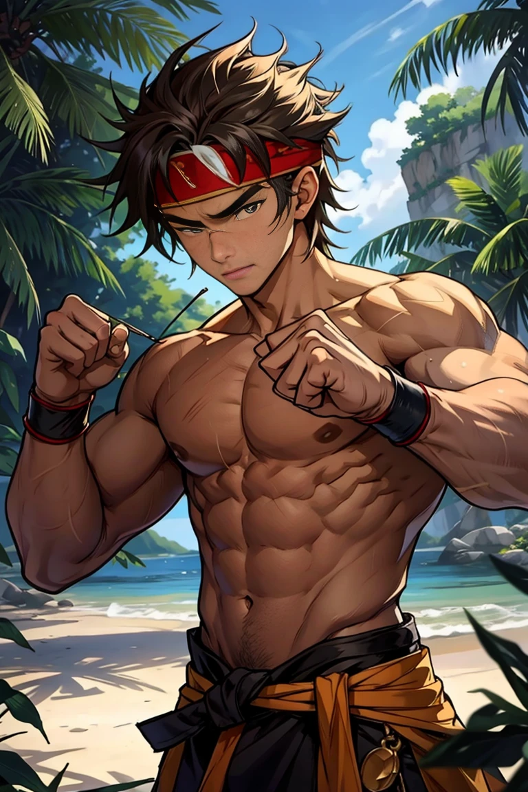 (Masterpiece, Best quality 17 year old boy，Shota), solo, Young, boy, Dark Short hair, full bodyesbian, Shirtless, babyface, topless, green headband, Vivid colors,(Depth of field:1.2),(Abs), view the viewer, black wristband, closed mouth, serious, topless male, pale tanned skin , Man with martial arts stance, epic kung fu pose,