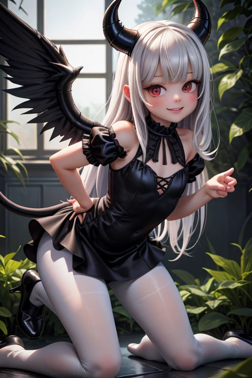 Ultra-realistic 8k CG, masterpiece, best quality, (photorealistic:1.4), absurdres, extremely detailed, real hair, life-like, horror scene, dark setting, (playful pose), cute girl smiling, looking at viewer, reflective, crawling toward viewer, girly dress, (white pantyhose), black (mary jane pumps), tail, black wings, devil horns, night garden