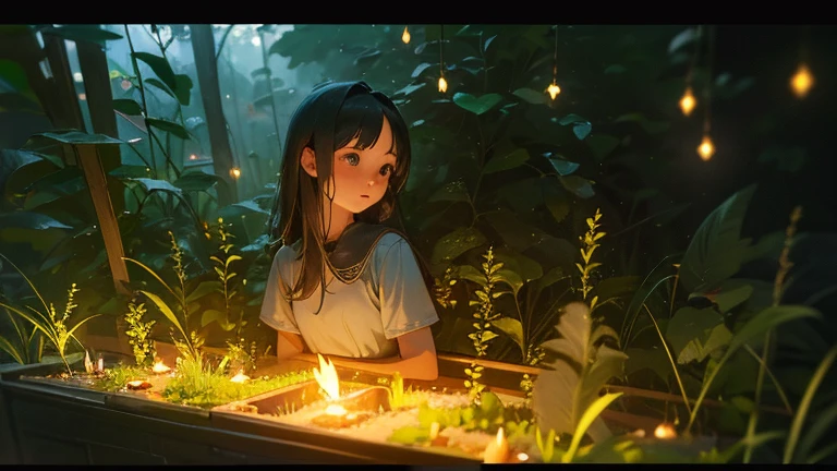 (8k, top quality, masterpiece: 1.2), (realistic, photorealistic: 1.37), super detail, one girl, wide angle of view, firefly garden, lots of small faint light and fireflies flying around, night