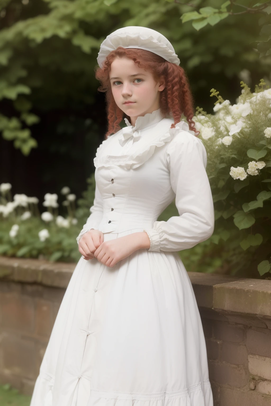 London, 1895. A ((((-yeld)) ma Doyle)), in the gardens of a boarding school for ladies. ((((white from the 19th century)))), ((wild curly red hairstyle from the 1890s))