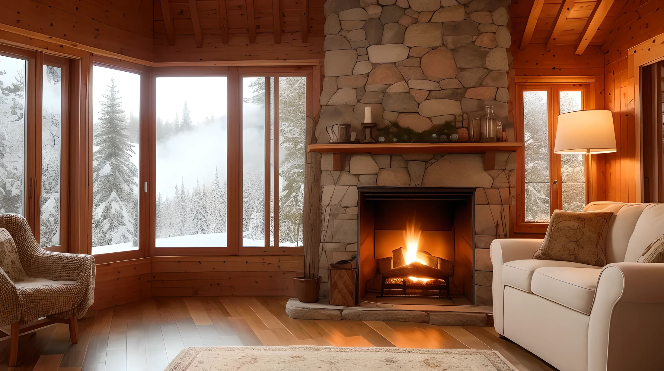 Design an embroidery effect image of a cozy cabin in a snowy forest, with smoke coming out of the chimney and a warm glow emanating from the windows. 