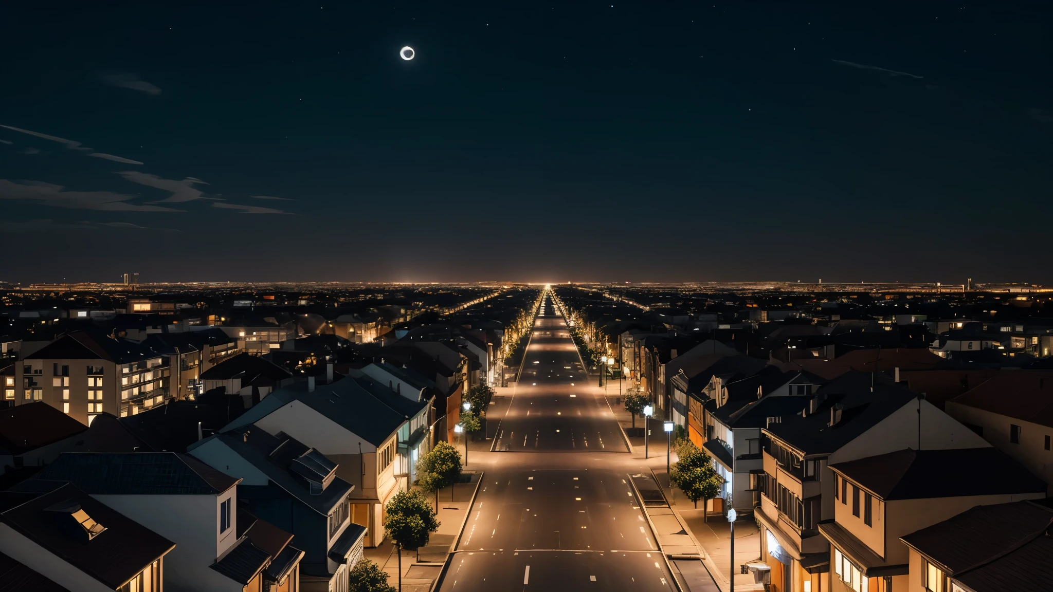 23:16:38 Истекает через 13 день(ей)
It's a clear moonlit night. The moon is shining brightly. The sky is completely black. A bird's eye view of a completely deserted city. The streets and houses are clearly visible. A city of low houses. There are streetlights, trees. Absolutely no people or cars. The city stretches to the horizon. You can't see the outskirts anywhere. Bluigh and some orange tones.