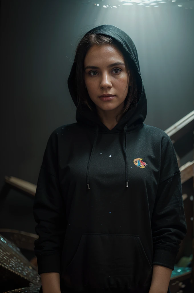 portrait of ((ohwx woman)) wearing black hoodie, by norman rockwell. high detail painting 8k resolution hd digital art trending on Artstation and behance detailed photo 85 acadmm f/1 1 4 rendered in octane engine unreal 5 with ambient light from the right side of her face is floating underwater! colorful fish!! intricate details dramatic lighting hyper realistic volumetric shadows depth fog lens bokeh background award winning photograph portrait studio photography 35