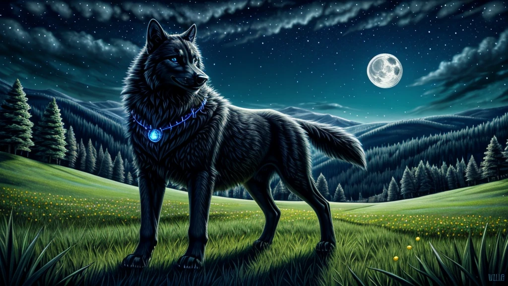 masterpiece, (best quality) , very detailed, ultra detailed ,(alone), meadow , beautiful black wolf, blue eys , friendly, night, moon, epic,