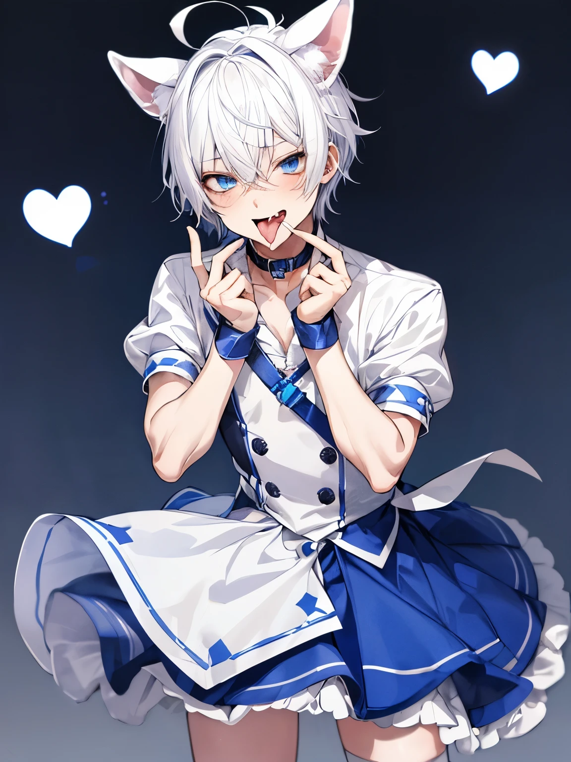 young male teenager, white hair, blue eyes, crossdress, wearing a dog collar, dog ears, sticking tongue out, embarassed