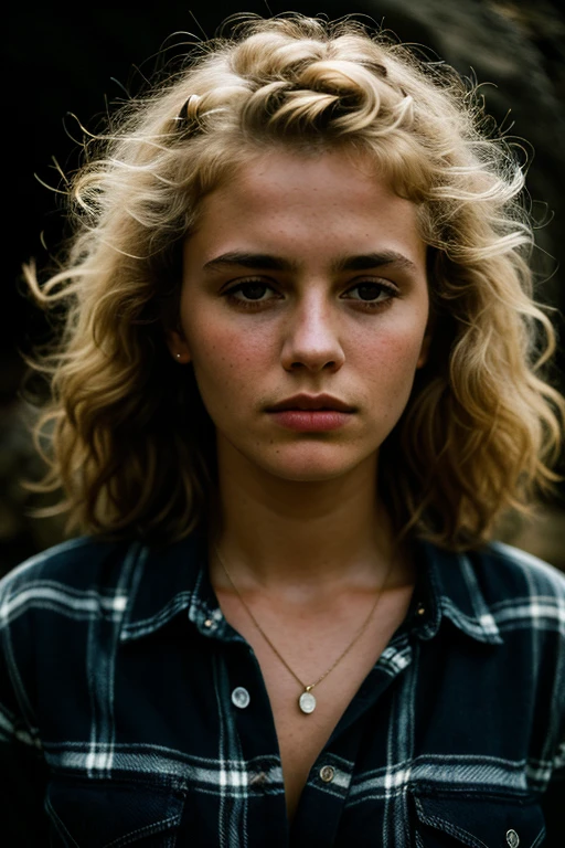 photograph of a woman, (troubled facial expression), textured skin, goosebumps, blonde afro hair, plaid flannel shirt with distressed boyfriend jeans, cowboy shot, dark and mysterious cave with unique rock formations and hidden wonders, perfect eyes, (candlelight,chiaroscuro), Porta 160 color, shot on ARRI ALEXA 65, bokeh, sharp focus on subject, shot by Don McCullin