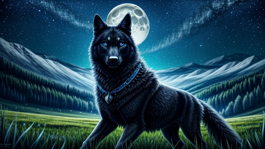 masterpiece, (best quality) , very detailed, ultra detailed ,(alone), meadow , beautiful black wolf, blue eys , friendly, night, moon, epic,