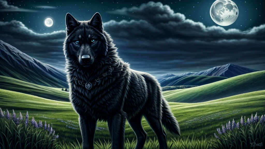 masterpiece, (best quality) , very detailed, ultra detailed ,(alone), meadow , beautiful black wolf, blue eys , friendly, night, moon, epic,