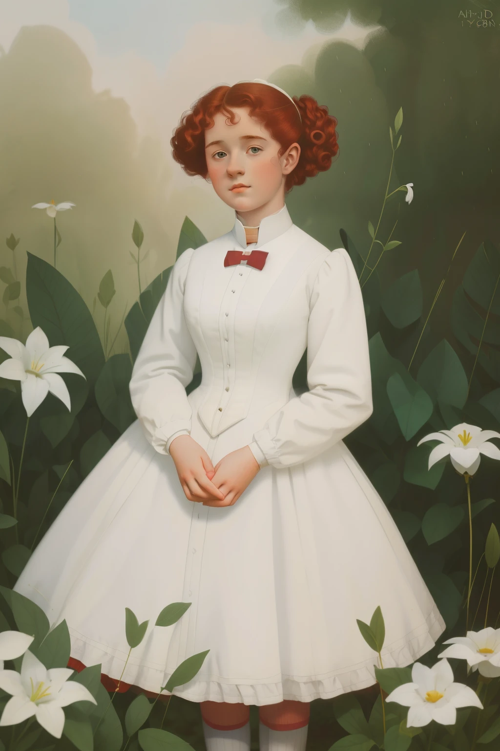 London, 1895. A ((((15-year-old)) Gemma Doyle)), in the gardens of a boarding school for ladies. ((((white from the 19th century)))), ((wild curly red hairstyle from the 1890s))
