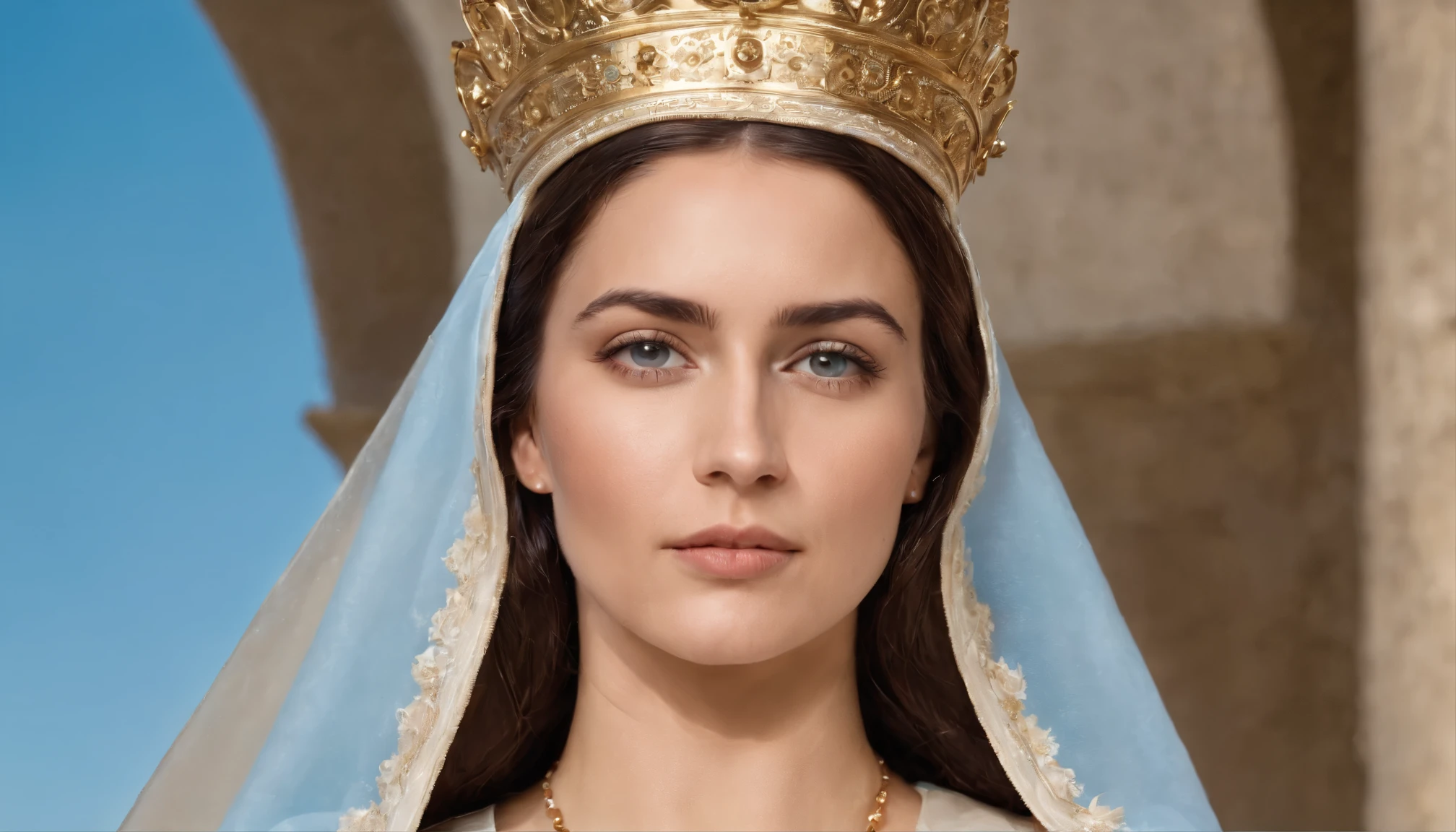 virgem maria, queen of heaven, nossa senhora envolta em luz, blue sky, anjos e querubins, semblante calmo e sereno, acolhedora,