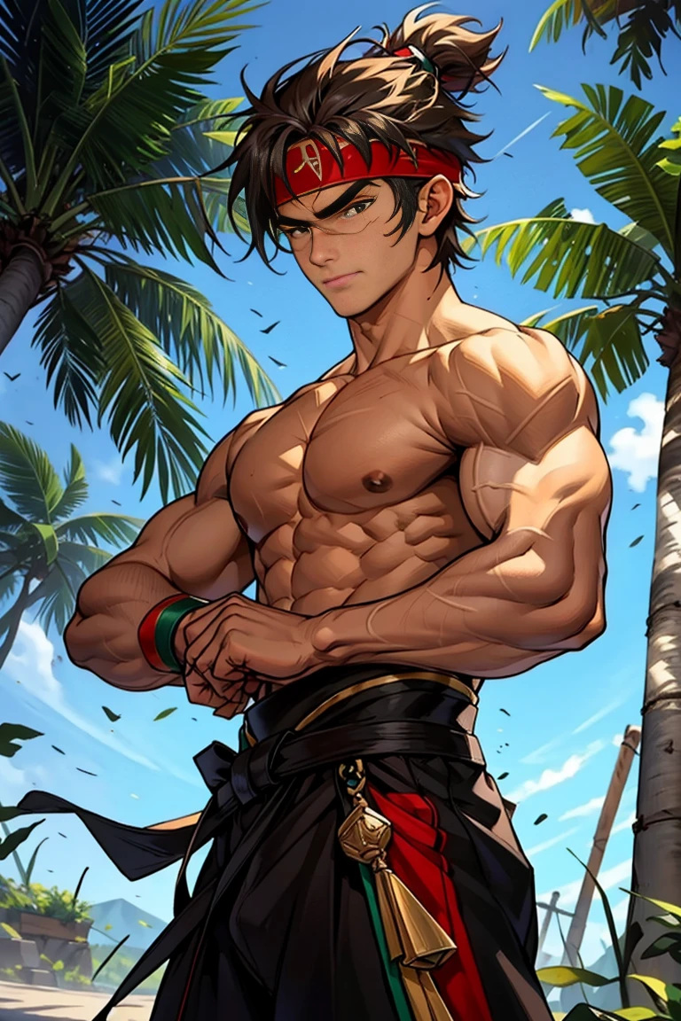 (Masterpiece, Best quality 16 year old boy，Shota), solo, Young, boy, Dark Short hair, full bodyesbian, Shirtless, babyface, topless, green headband, Vivid colors,(Depth of field:1.2),(Abs), view the viewer, black wristband, closed mouth, serious, topless male, pale tanned skin with tight muscler body, Man with martial arts stance, epic kung fu pose,