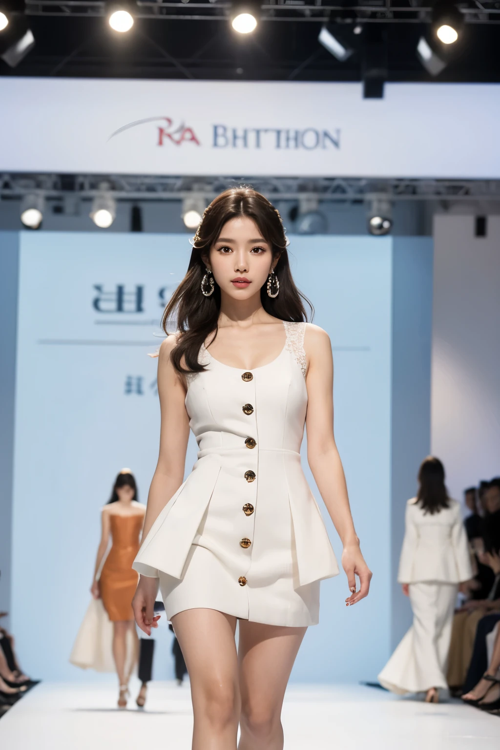 mulher coreana muito linda, rosto perfeito, cabelo bem curto cacheado loira, she is walking on a fashion catwalk in an elegant all-white designer dress with pearl buttons, usa brincos, she is being photographed