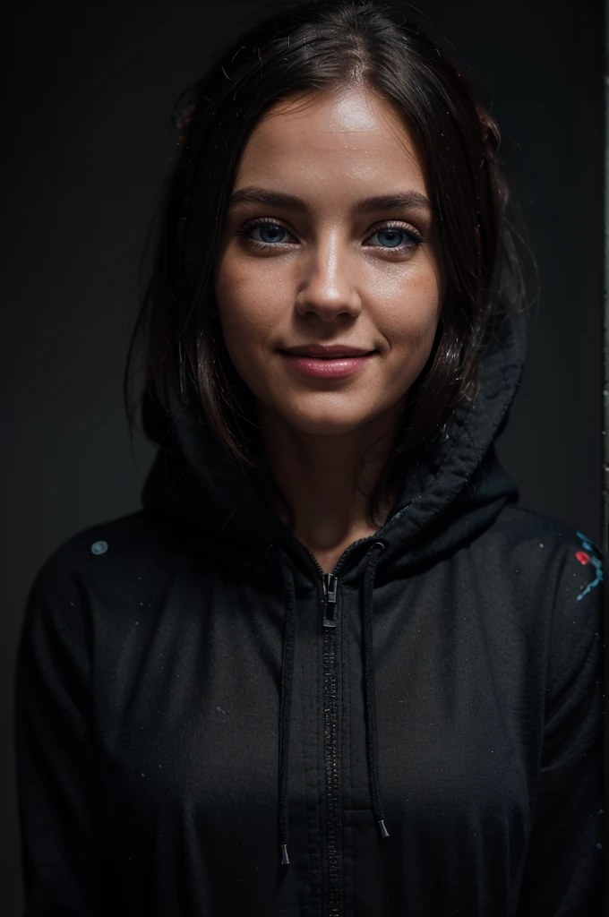 portrait of ((ohwx woman)) wearing black hoodie, blue eyes and smiling face. high detail painting 8k resolution hd digital art trending on Artstation and behance detailed photo 85 acadmm f/1 1 4 rendered in octane engine unreal 5 with ambient light from the right side of her face is floating underwater! colorful fish!! intricate details shadow lighting hyper realistic volumetric shadows depth fog lens bokeh background award winning photograph portrait studio photography 35