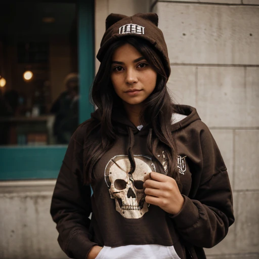A girl wearing a brown hoodie that has skull imprinted on it.she is holding a book that has "Good Night" written on it.