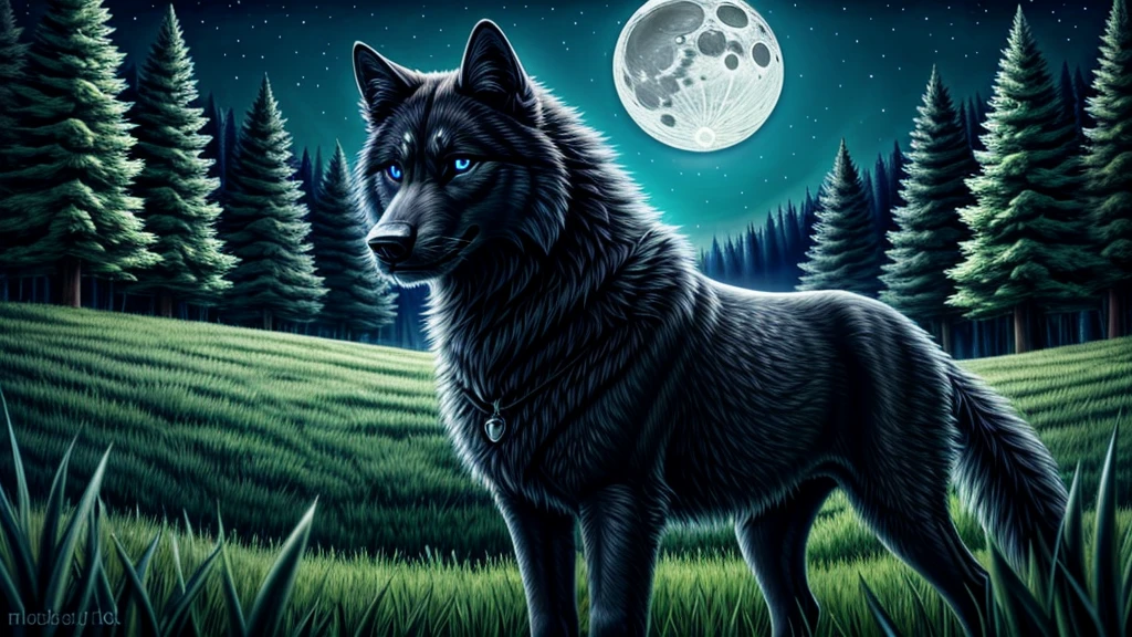 masterpiece, (best quality) , very detailed, ultra detailed ,(alone), meadow , beautiful black wolf, blue eys , friendly, night, moon, epic,