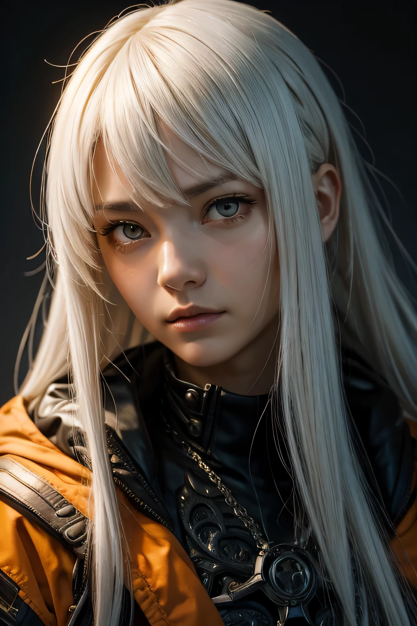 Tsutomu Nihei's style,(incredibly nonsense, (high resolution:1.18), complicated details, (Masterpiece:1.1), (Highest quality:1.1), nonsense),(1 girl, Portrait, white hair, Orange eyes, long hair, Detailed eyes),