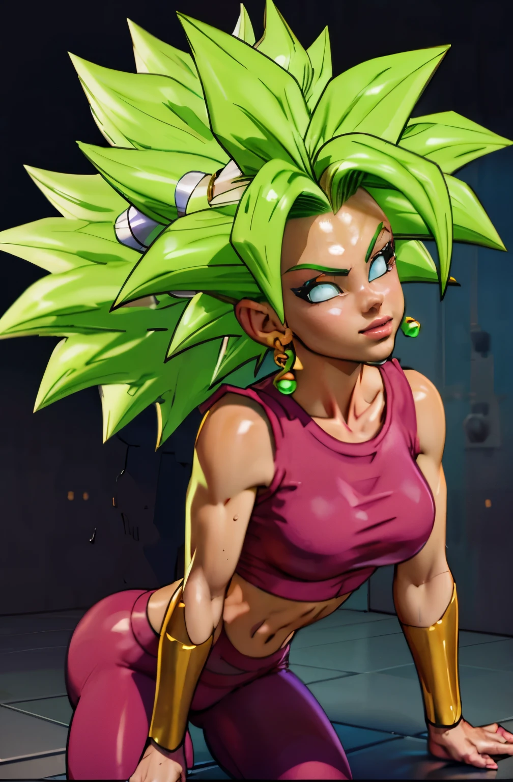 (melhor qualidade, obra-prima), blonde hair, brincos verdes, yoga pants, yoga bra, pele apertada, tonificado, smug, sorriso, kefla, cintura fina, luz de fundo, rosto detalhado, queixo detalhado, perfect hands, radiante, unreal engine, 4k, masterpiece, dark lighting,