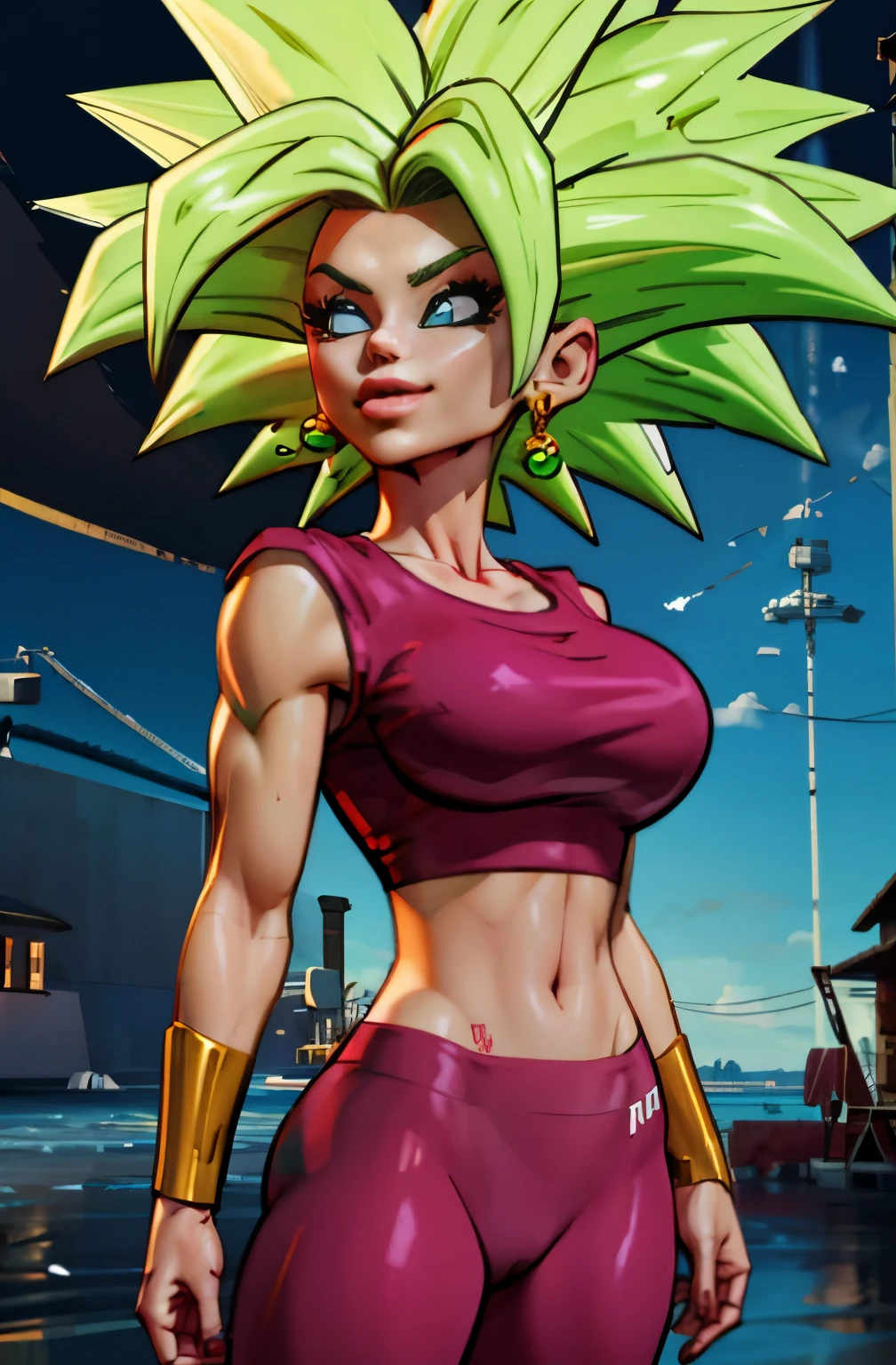 (melhor qualidade, obra-prima), blonde hair, brincos verdes, yoga pants, yoga bra, pele apertada, tonificado, smug, sorriso, kefla, cintura fina, luz de fundo, rosto detalhado, queixo detalhado, perfect hands, radiante, unreal engine, 4k, masterpiece, dark lighting, 