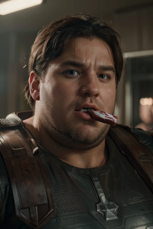 (best quality,4k,8k,highres,masterpiece:1.2),ultra-detailed,(realistic,photorealistic,photo-realistic:1.37),Obese Captain America,deflecting an incoming attack with shield,holding a chocolate bar next to his mouth,confused expression,vibrant colors,studio lighting