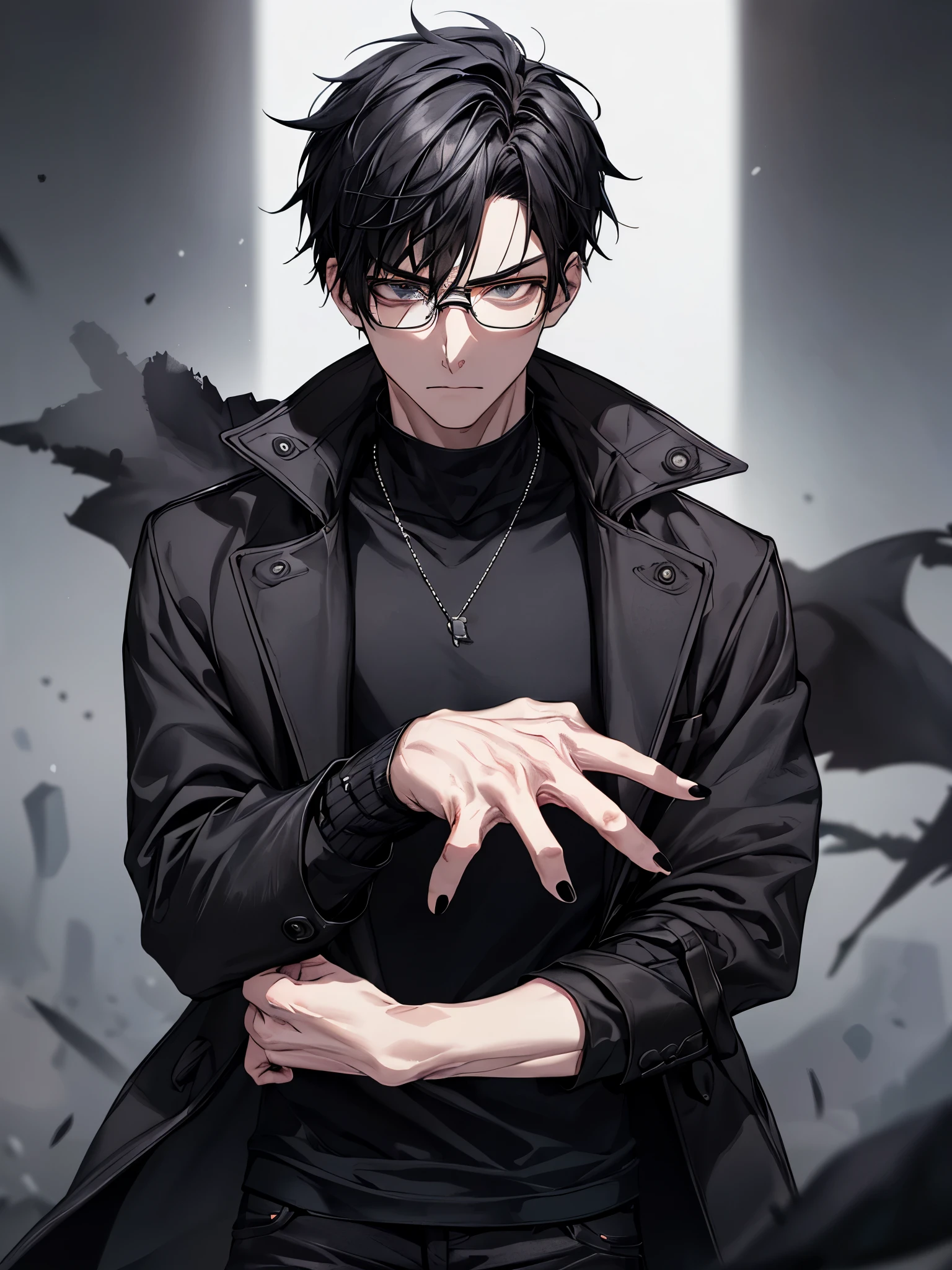 1 guy, black jeans, black sweater, black coat, rings on fingers, black nails, glasses for vision, covered in bandages, black hair, sporty, Hand in pocket, anger, portrait, cinematic lighting, Blur background、