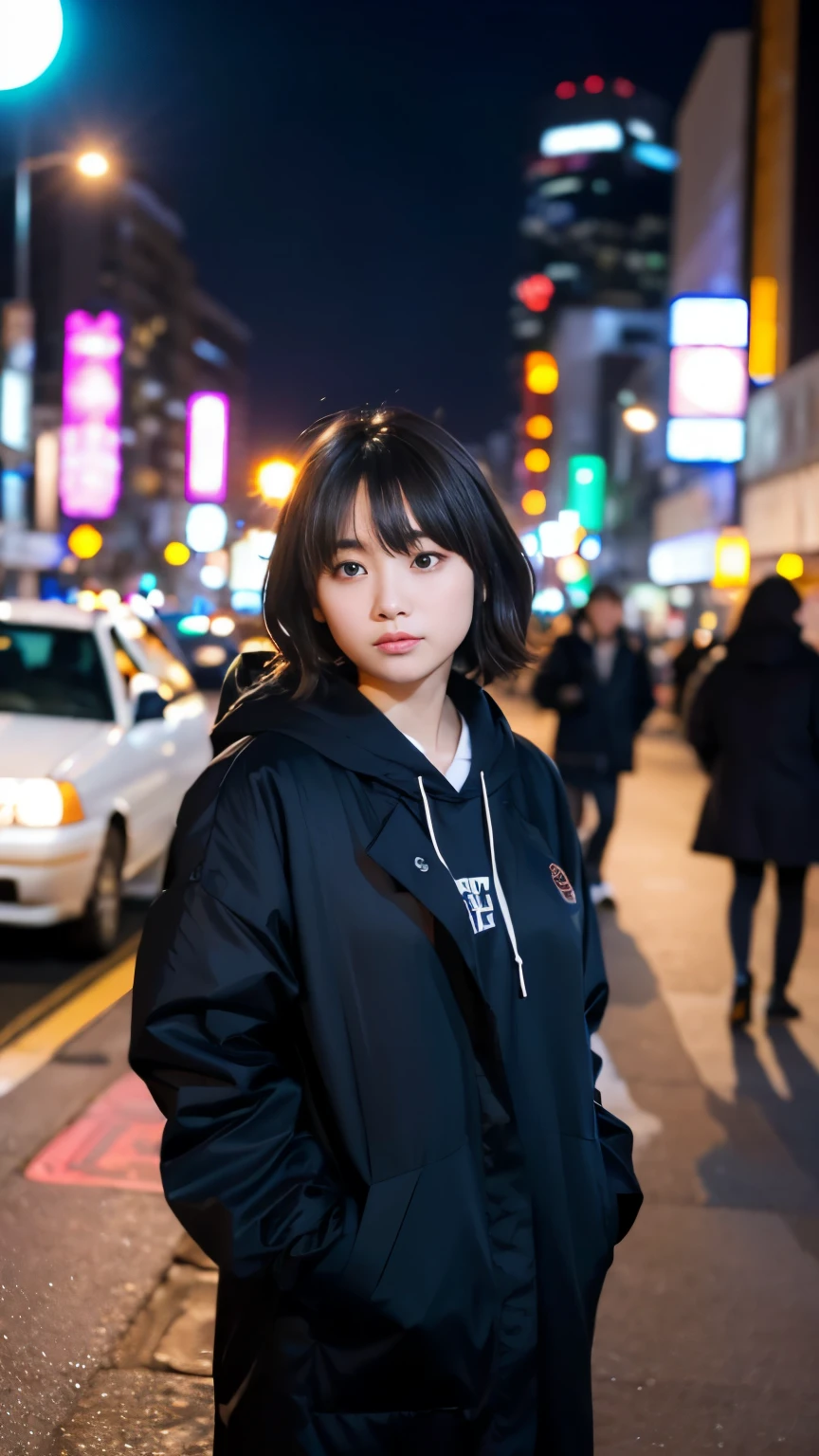 18-year-old,Korean women,((((Standing against the wall)))),(((Dirty neon street at night))),(((Facing forward))),(((Frowning,カメラをGlaring))),(Very fine eye),((I can't see my stomach)), (((Wearing a long black down jacket,Wearing baggy pants))),(((Collapsing Building))),(((old buildings))),((photograph)),((A woman near a garbage dump)),(((Fabric Shading))), (((highest quality))), (((masterpiece))) strong girl, ((((Realistic)))), I have a card,Black Hair, chic hairstyle, ((With bangs,Straight medium bob cut, nice hair)), Light makeup,Red eyes, (((I'm not wearing lipstick))), (nice, strong), (((Strong night atmosphere))), Centered Images, Looking at the camera, Realistic Skin,Realistic texture,8k,whole body,Pale skin, (((Dirty garbage dump))),A huge amount of trash,Red iris,Expressionless,Glaring,Perfect Face,(((Big eyes))),Wide black baggy pants,Mouth closed, portrait of aespaのウィンター,She is wearing black streetwear, Woman in black streetwear, 黒いハイテクな服を着た女性のphotograph, Girl wearing black hoodie, Cyberpunk Streetwear, Cyberpunk Streetwear street fashion e-girl,