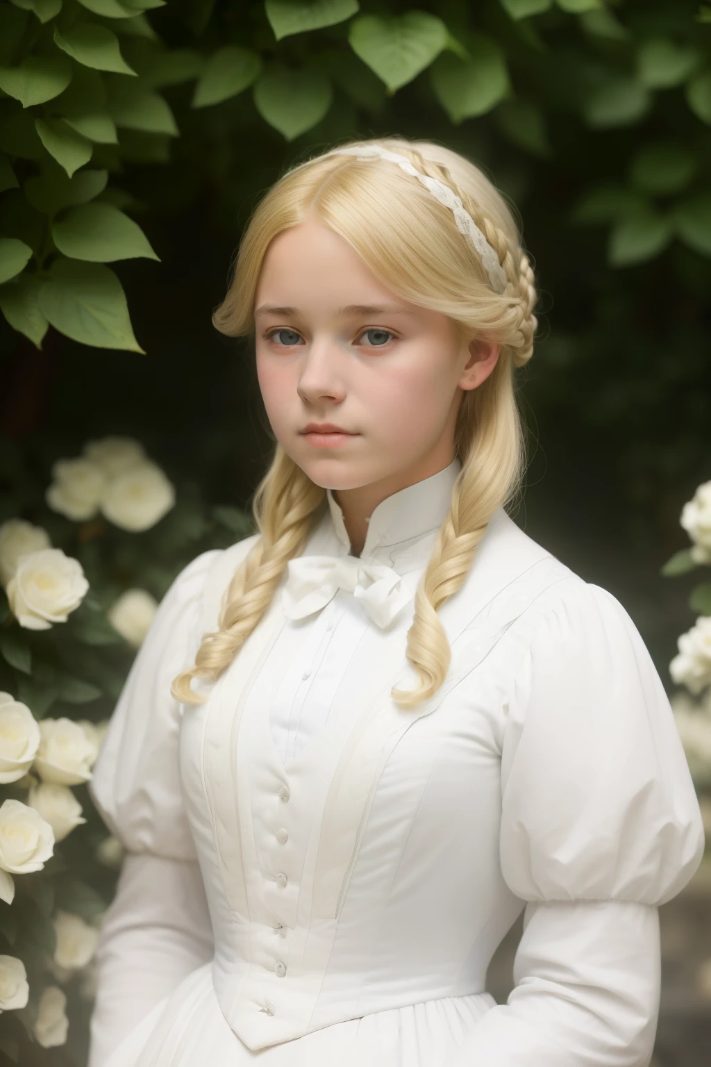 London, 1895. A ((((-yeld)) icity Worthington)), in the gardens of a boarding school for ladies. ((((white from the 19th century)))), ((blonde hairstyle from the 19th century))